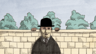 Man with a hat looking over a wall, which has a mural of the rest of his body painted on it.